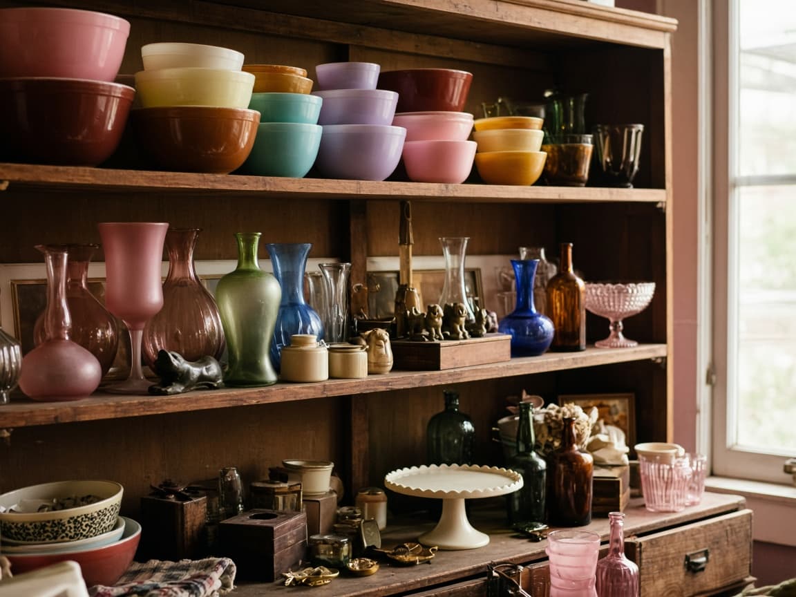 Indoor antique shop shelves with colored glassware, Pyrex, and small collectibles