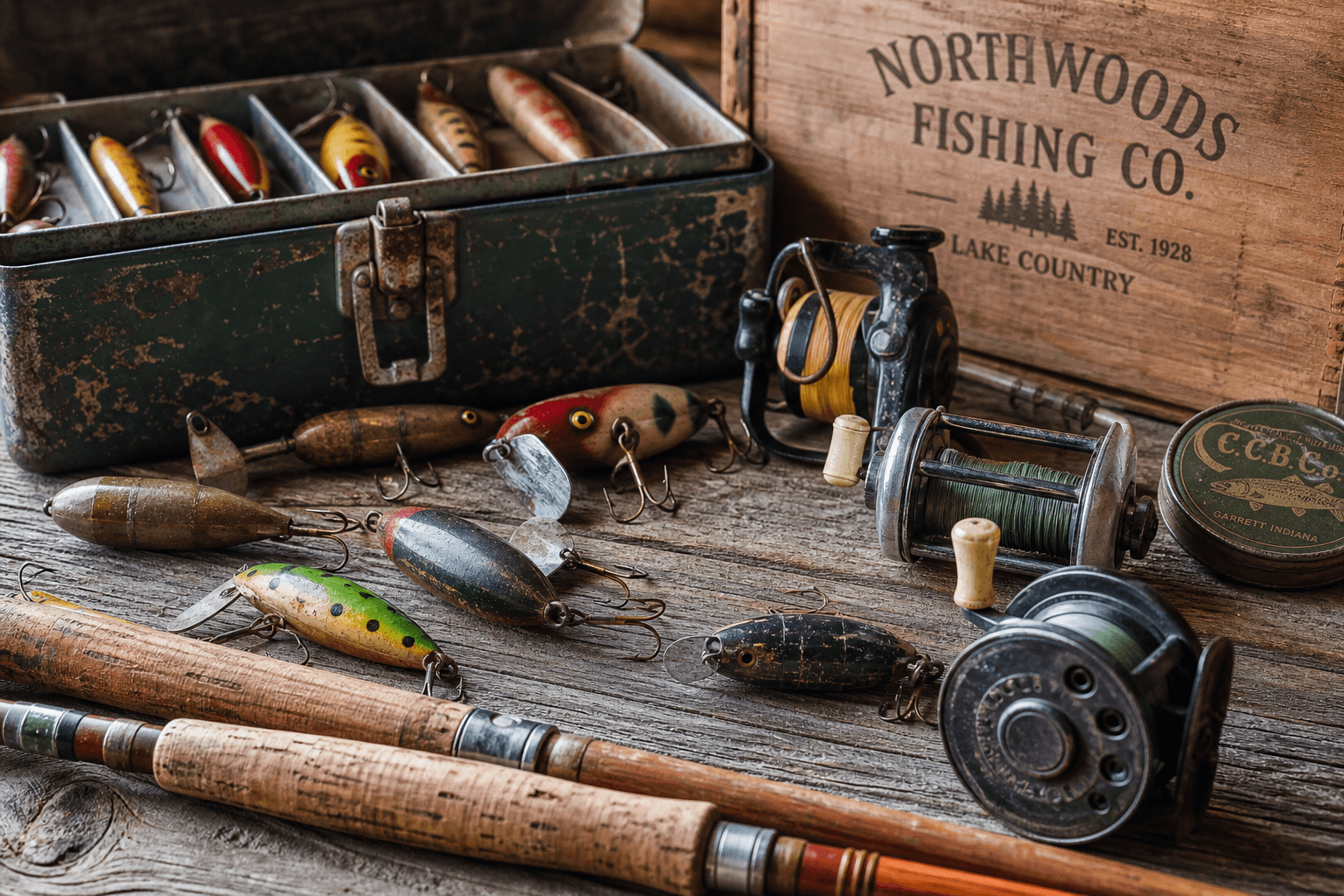 Vintage fishing lures and tackle arranged on wood
